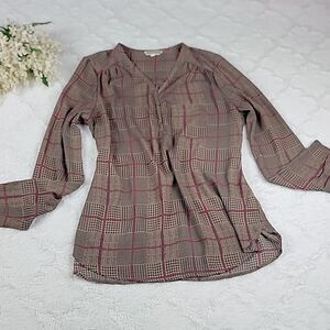 ‎PLEIONE Brown and Red Plaid Blouse [SIZE LARGE]